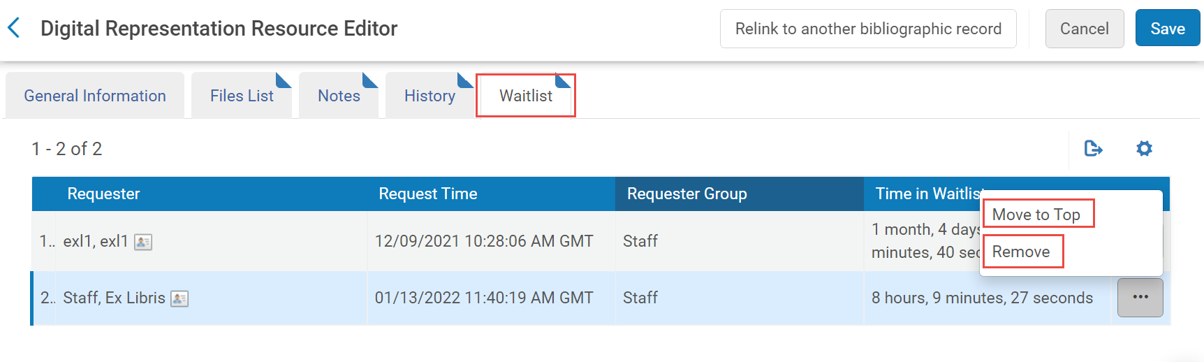 Waitlist tab with Remove and Move to Top options.