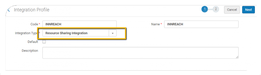 The Resource Sharing Integration option selected for the Integration Type field.