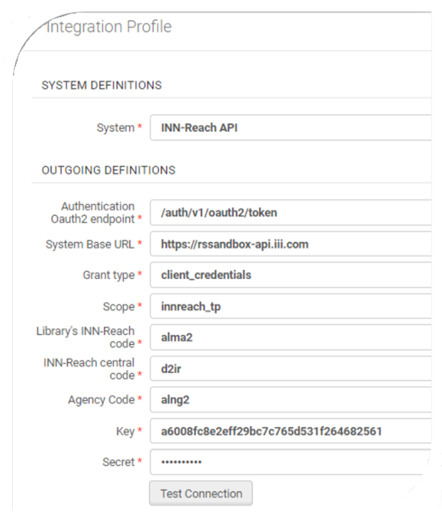 The Outgoing Definitions fields filled in for the Integration Profile.