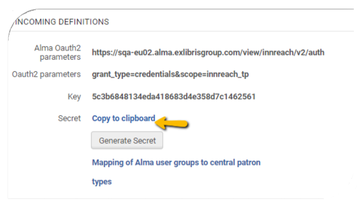 The Incoming Definitions section with the Copy to Clipboard option highlighted.