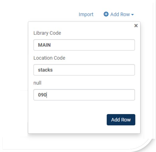 Values filled for the Library Code, Location Code and null fields.