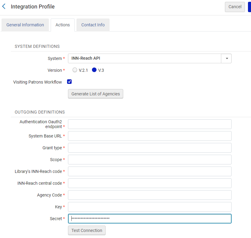 The V.3 option selected in the Version field for the InnReach Integration Profile.