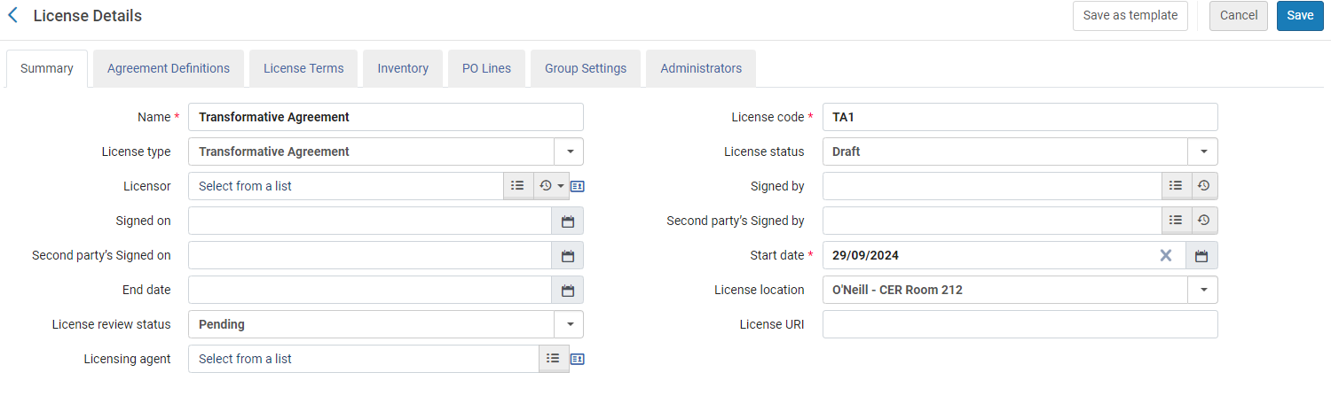 The Summary tab of a newly added license.