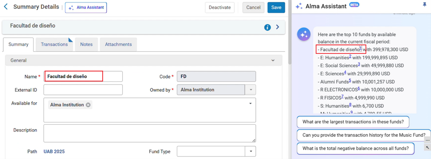 An example of Alma Assistant link to the funds.