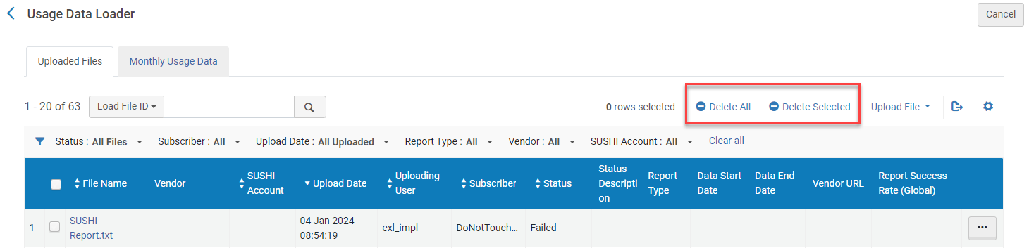 The Delete All and Delete Selected options highlighted in the Usage Data Loader page.