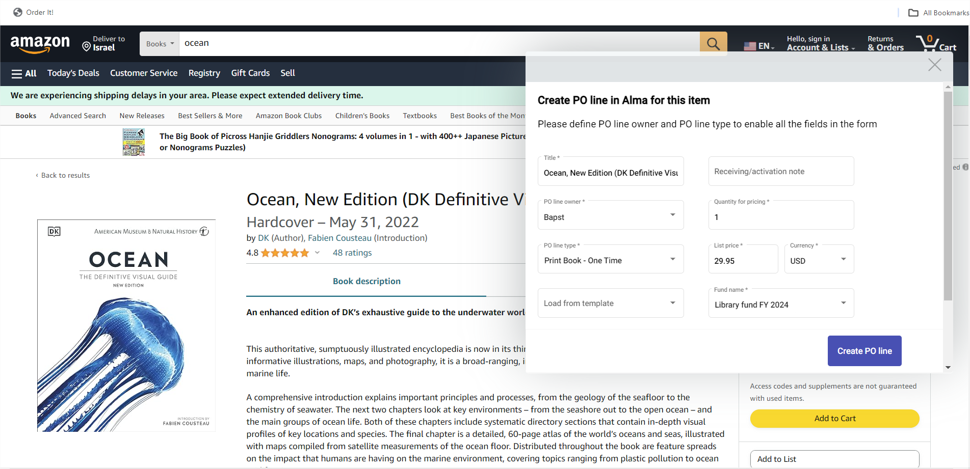 Create PO Line pop up in the Amazon order item page.