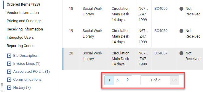 The pagination for ordered items.