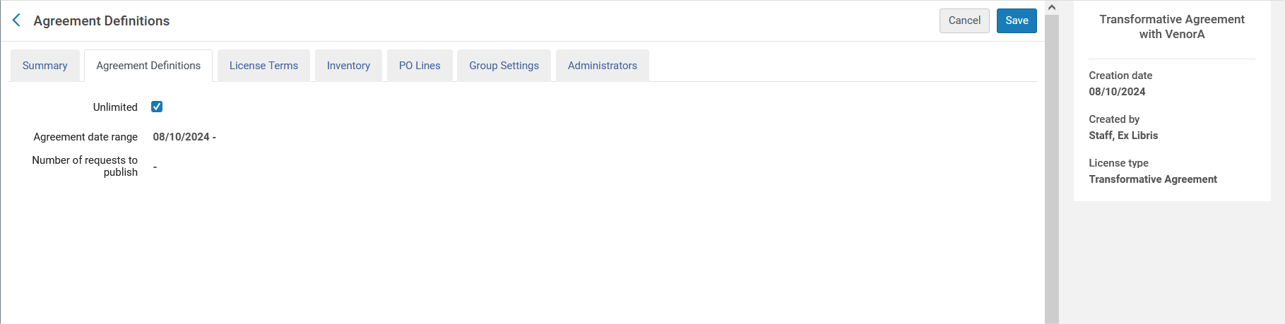 Transformative Agreement License - Agreement Definitions Tab
