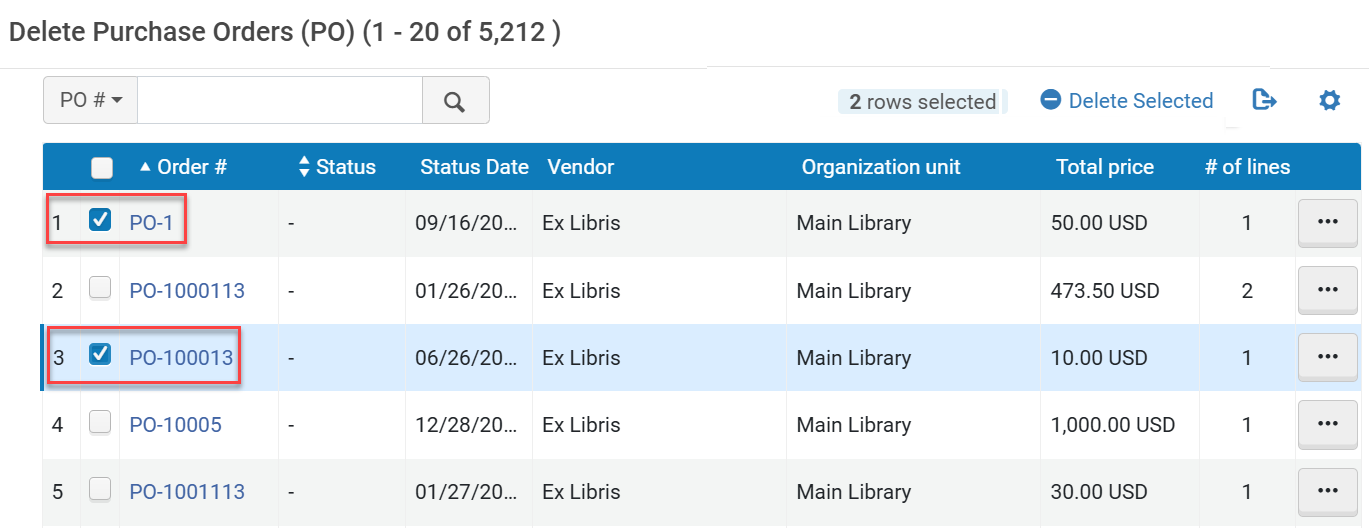 The Delete POs page.