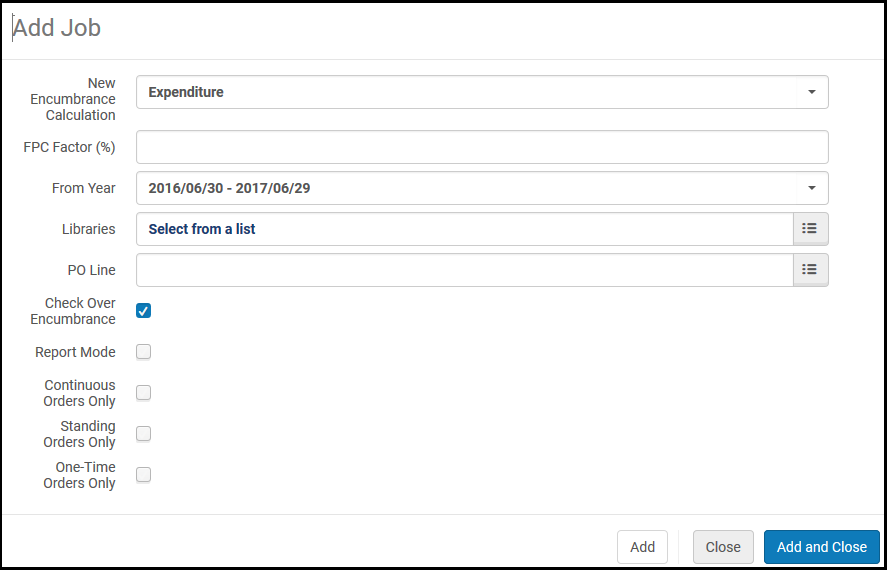 The Add Rollover PO Lines Job Dialog Box.