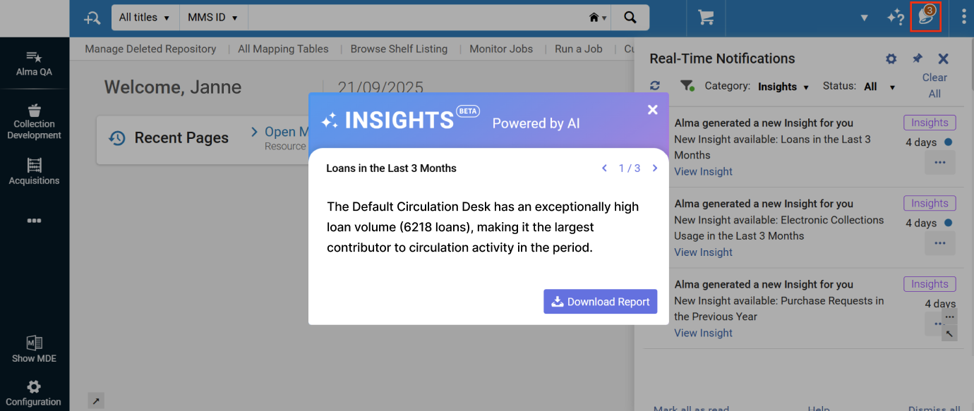 Notifications within Alma for AI Insights