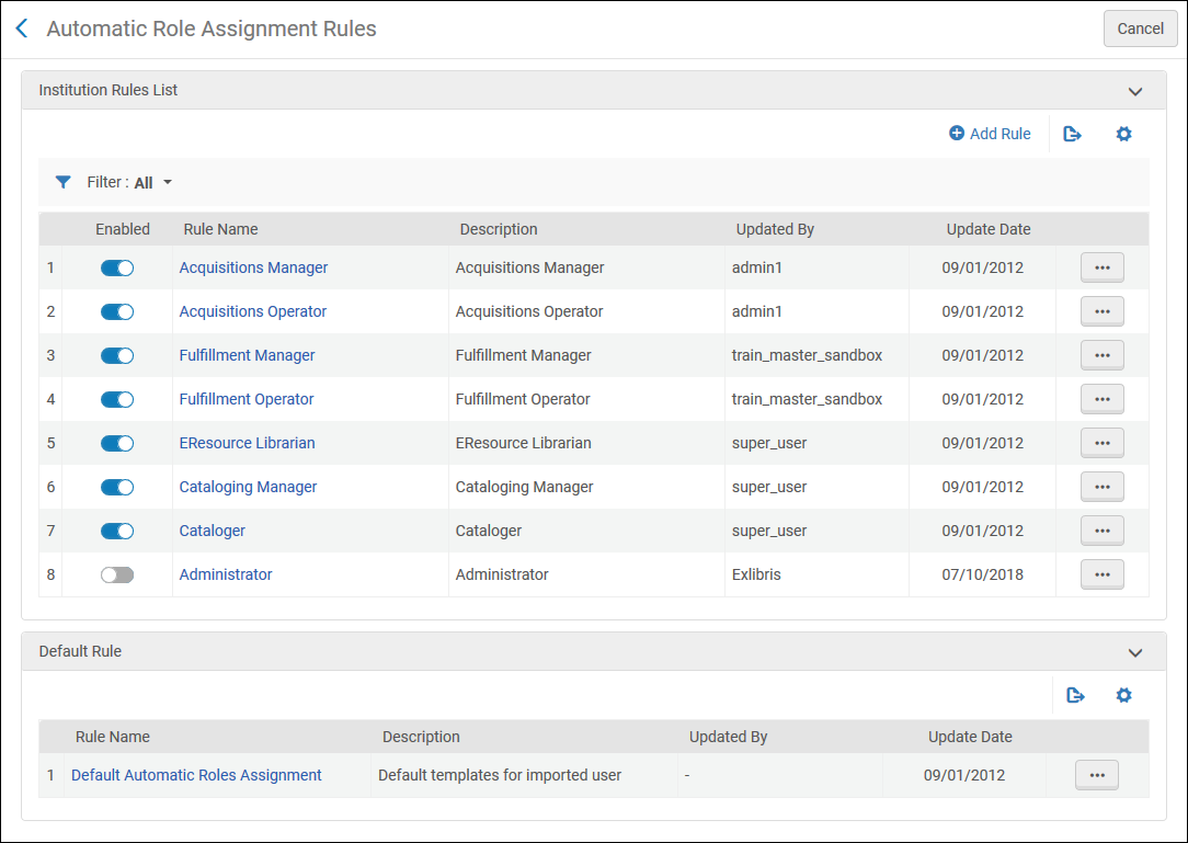 Automatic Role Assignment Rules Page