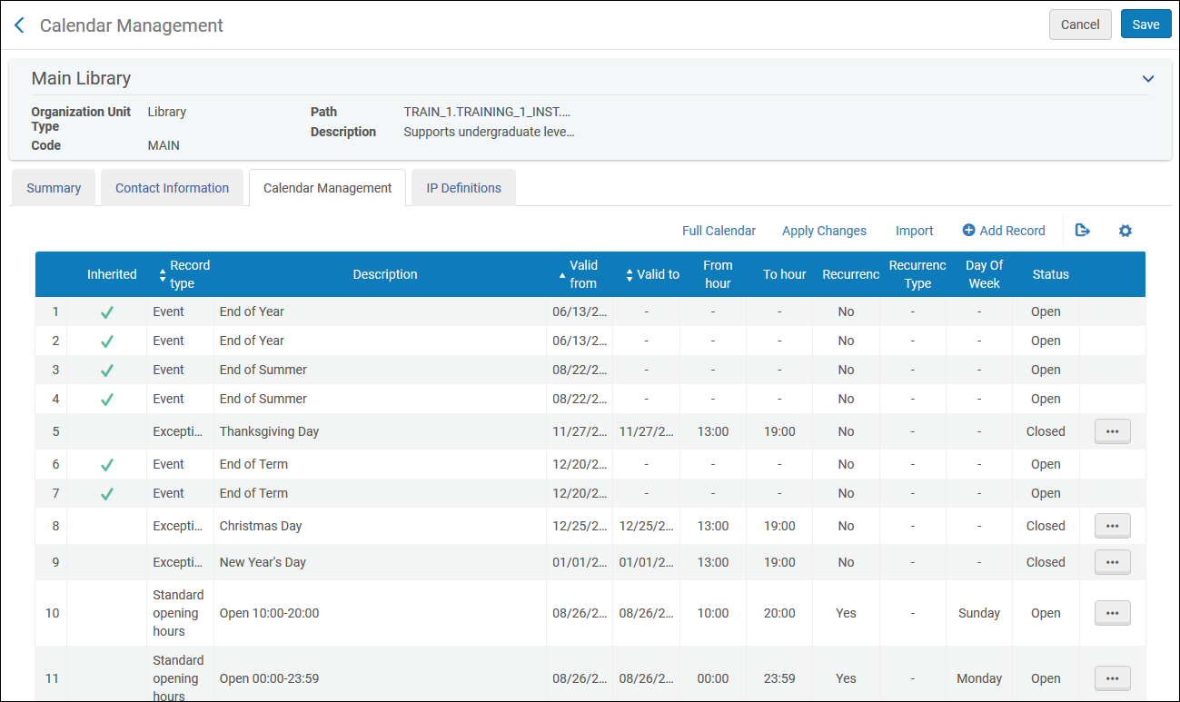 Calendar Management (Institution)