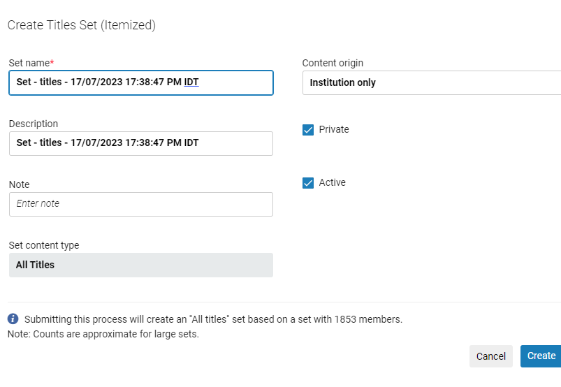 Create Titles Set (Itemized) Page