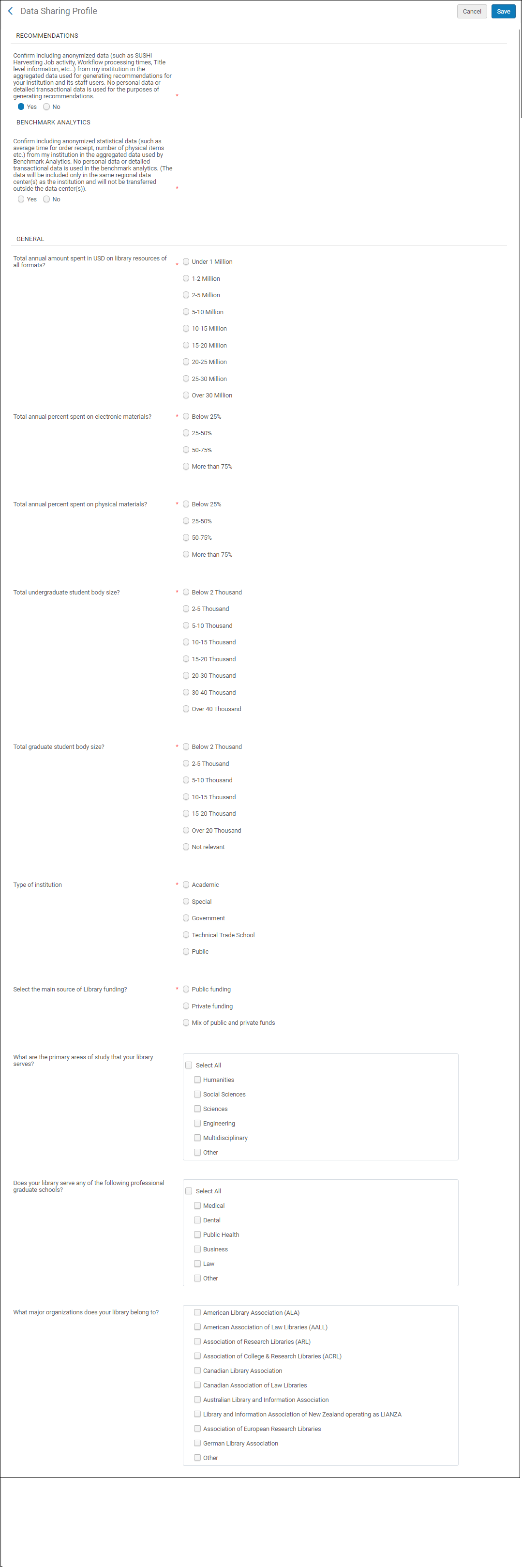The Data Sharing Profile configuration screen
