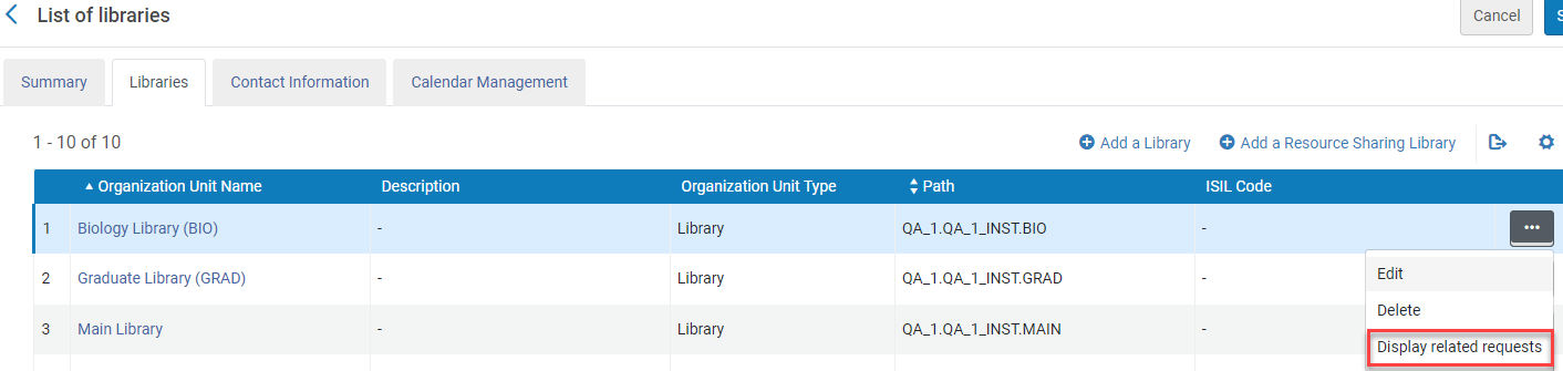 The Display related requests option from the row actions menu