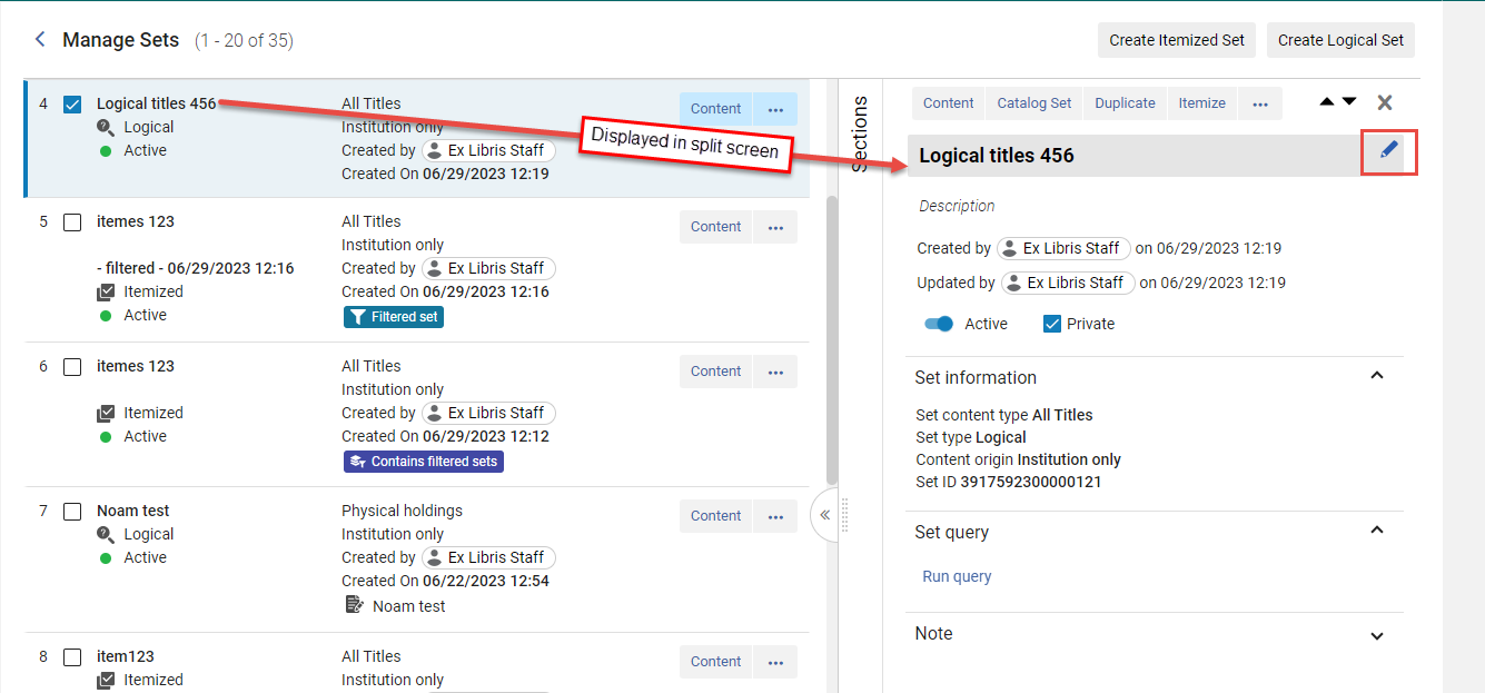 Set Details Page Logical Set to Edit