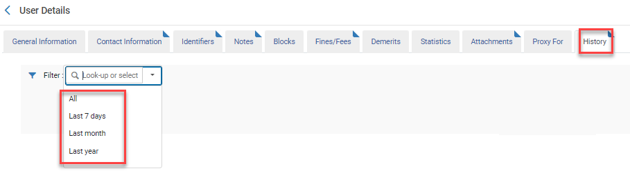 The dropdown list for filtering the history