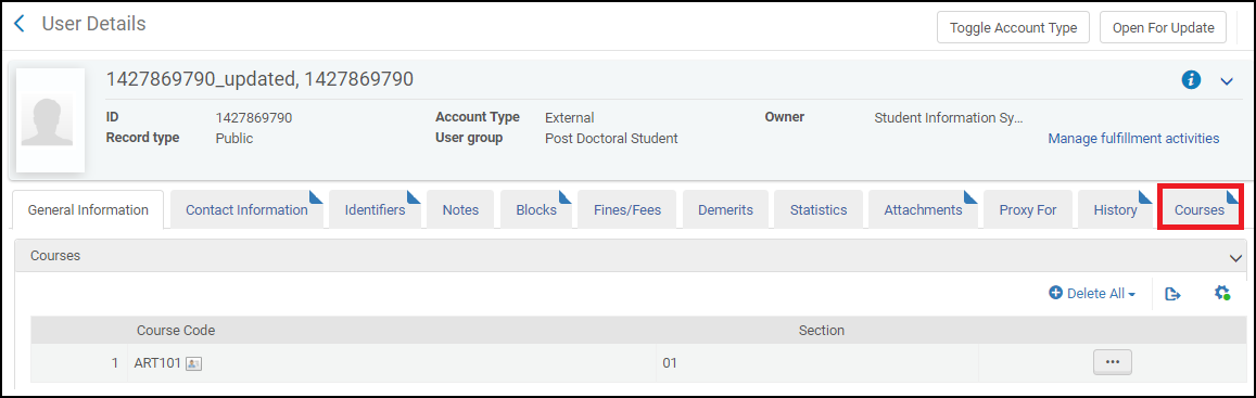 User Details Page - Courses Tab