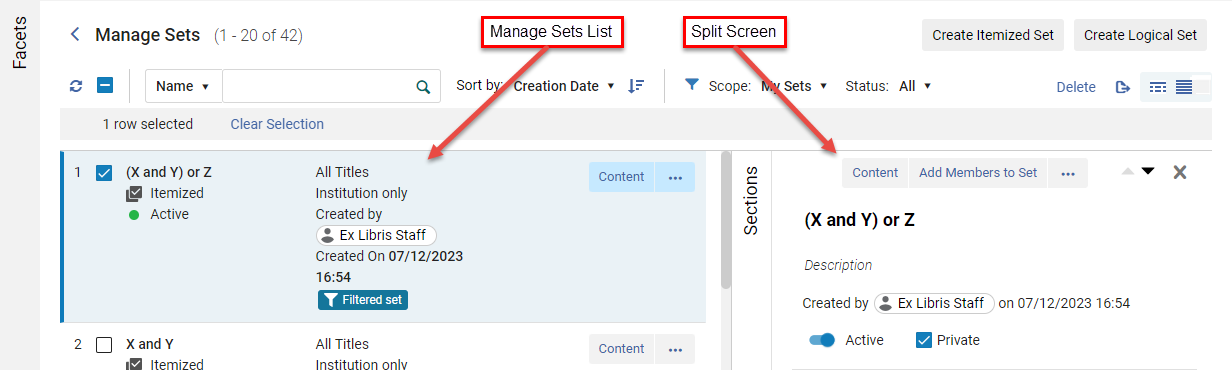 Manage Sets - Split Screen