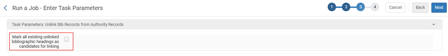 Mark all existing unlinked bibliographic headings as candidates for linking - Task Parameter option available when Partial Linking is activated