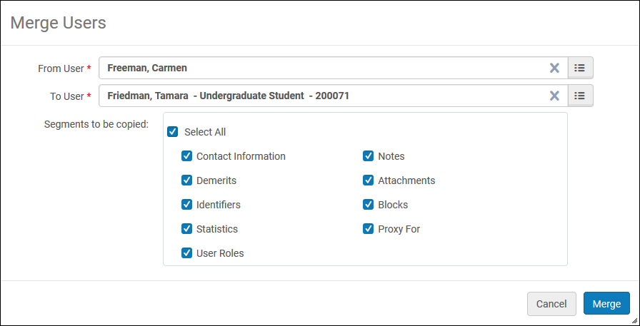 Merge Users Selection Window