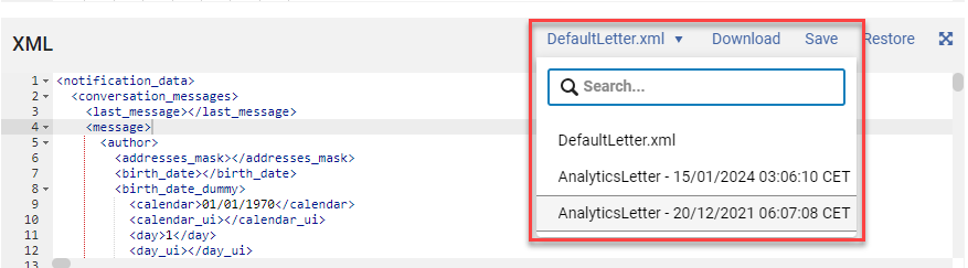 Drop down list of letter examples