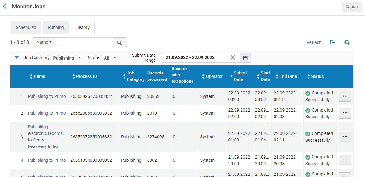 Monitor Jobs: History Tab