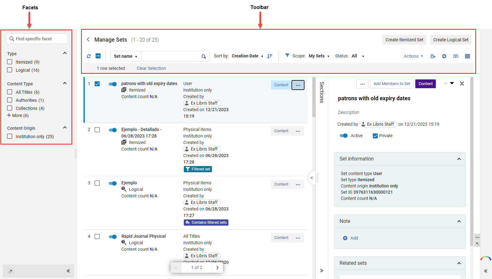Manage Sets page displaying Facets and Toolbar