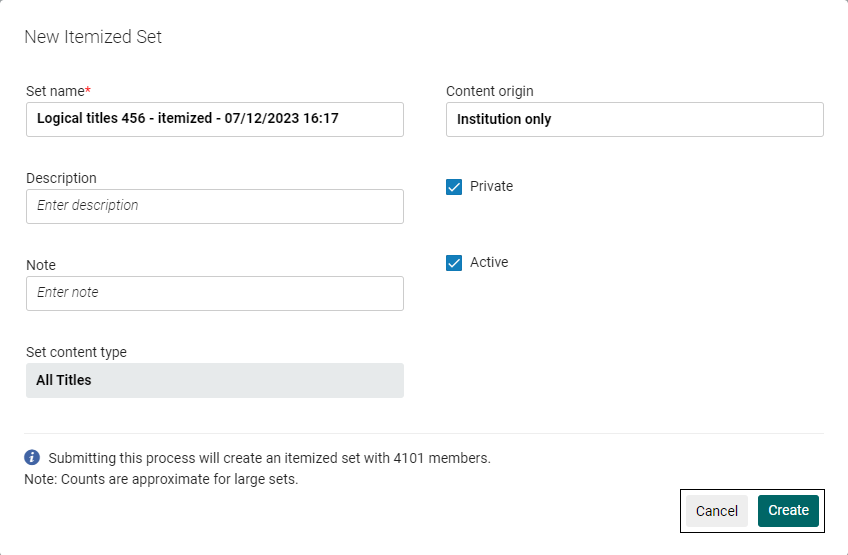 New Itemized Set Page Convert Logical Set to Itemized Set