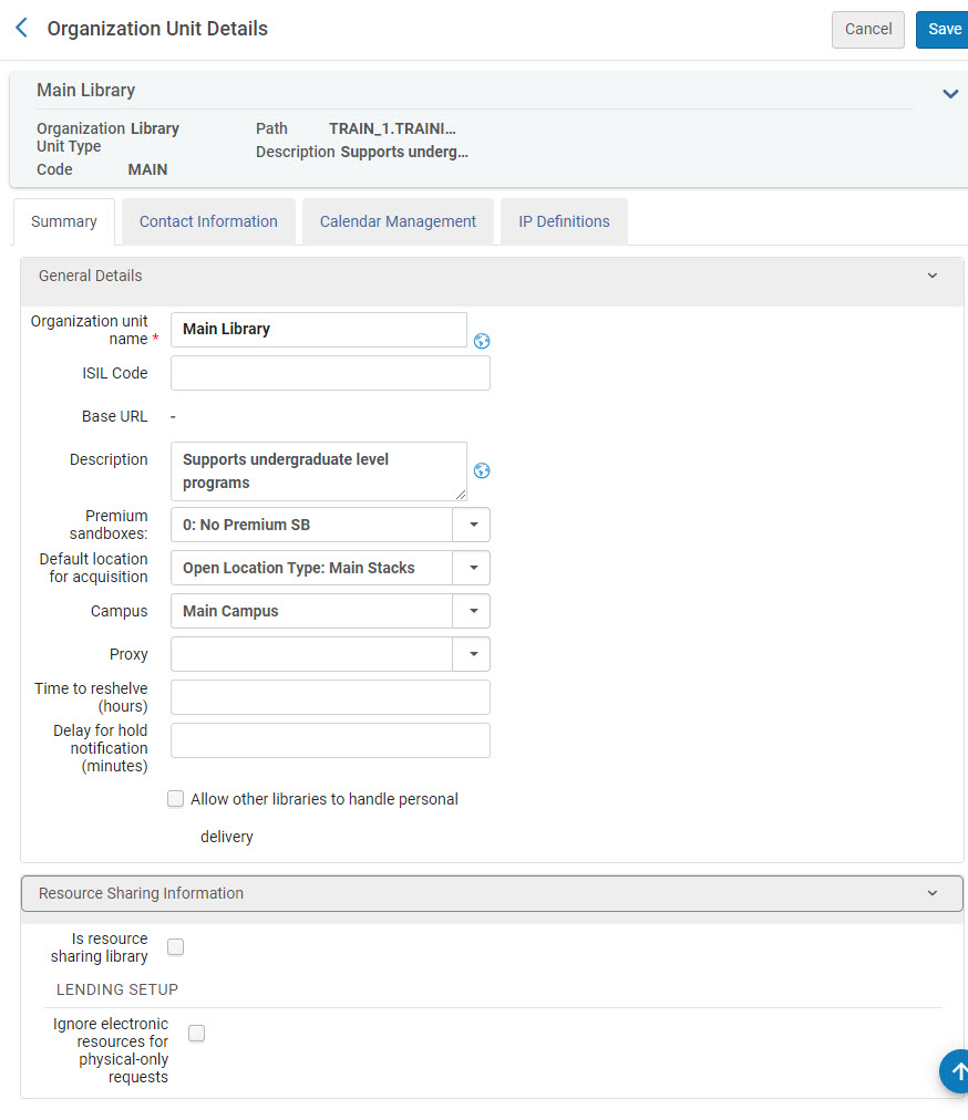 Organization Unit Details - Add/Edit a Library