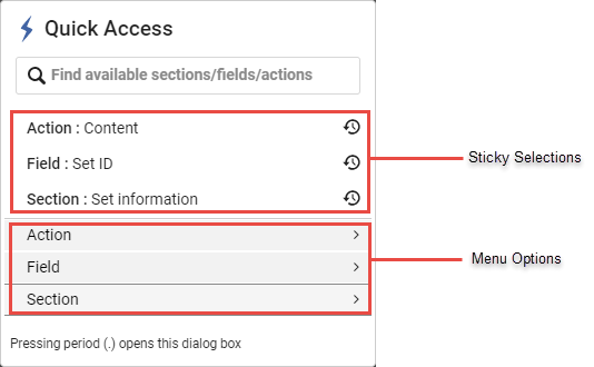 Quick Access Menu Options in Manage Sets