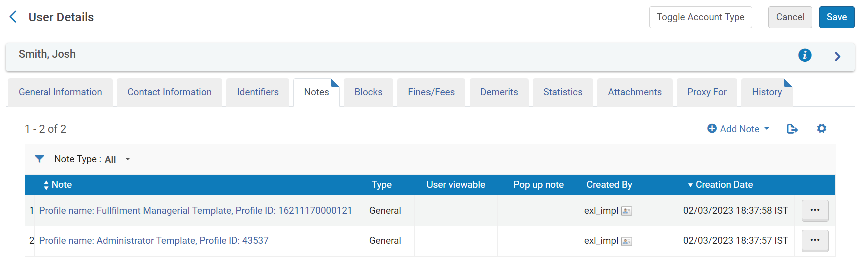 Notes in a User Account Providing Information About Role Profiles that Have Been Applied to It in the Past