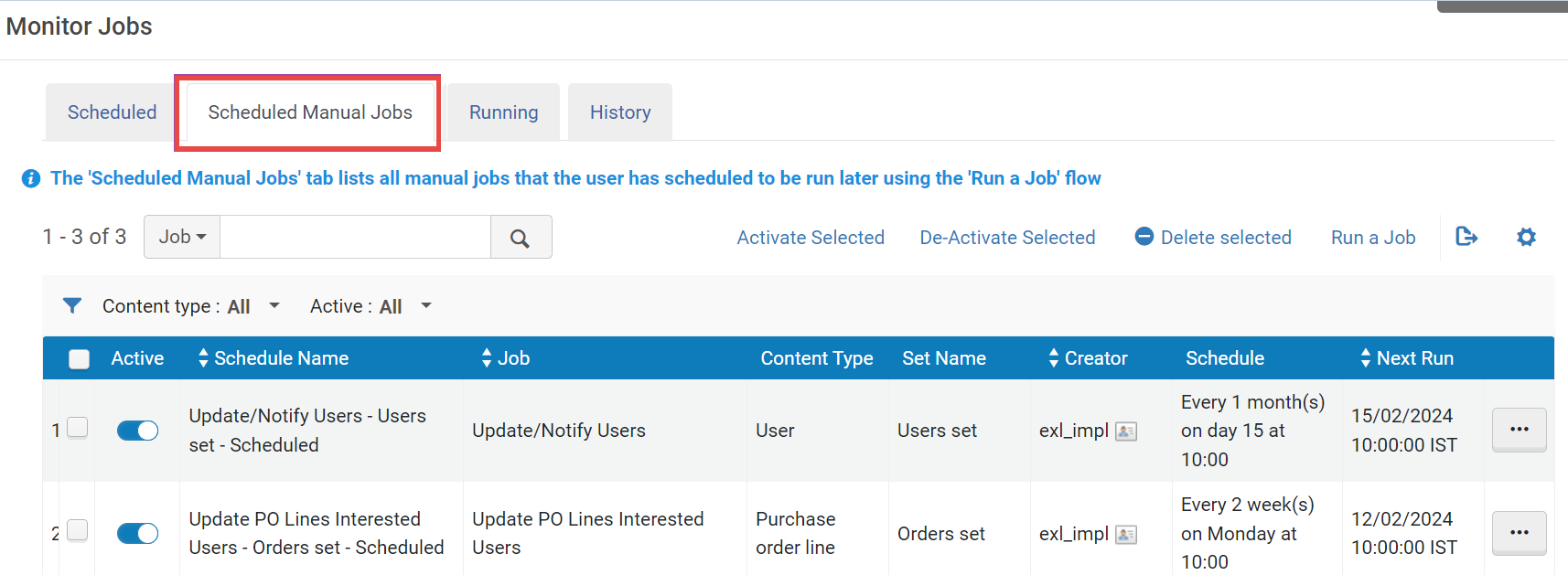 Schedule Manual Jobs tab