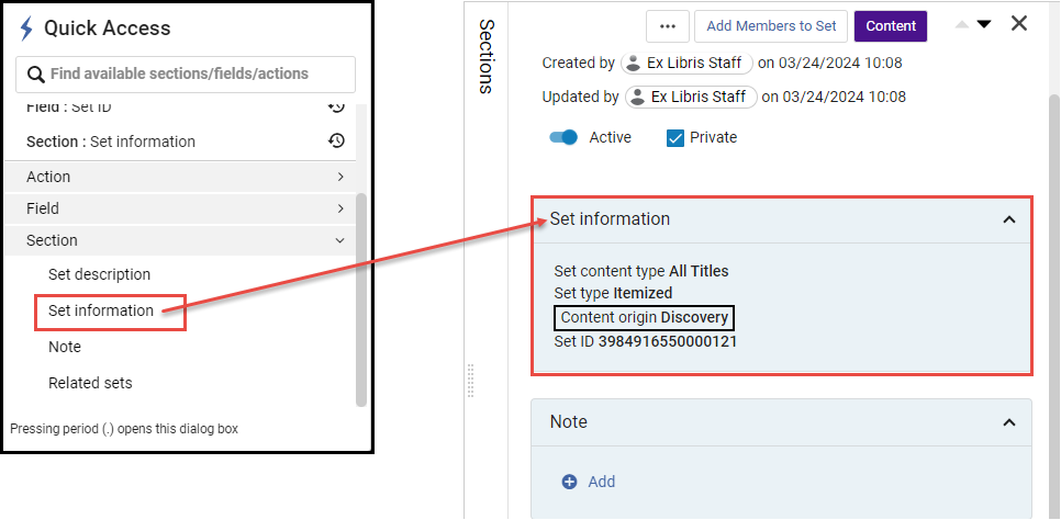 Section Actions in the Quick Access Module