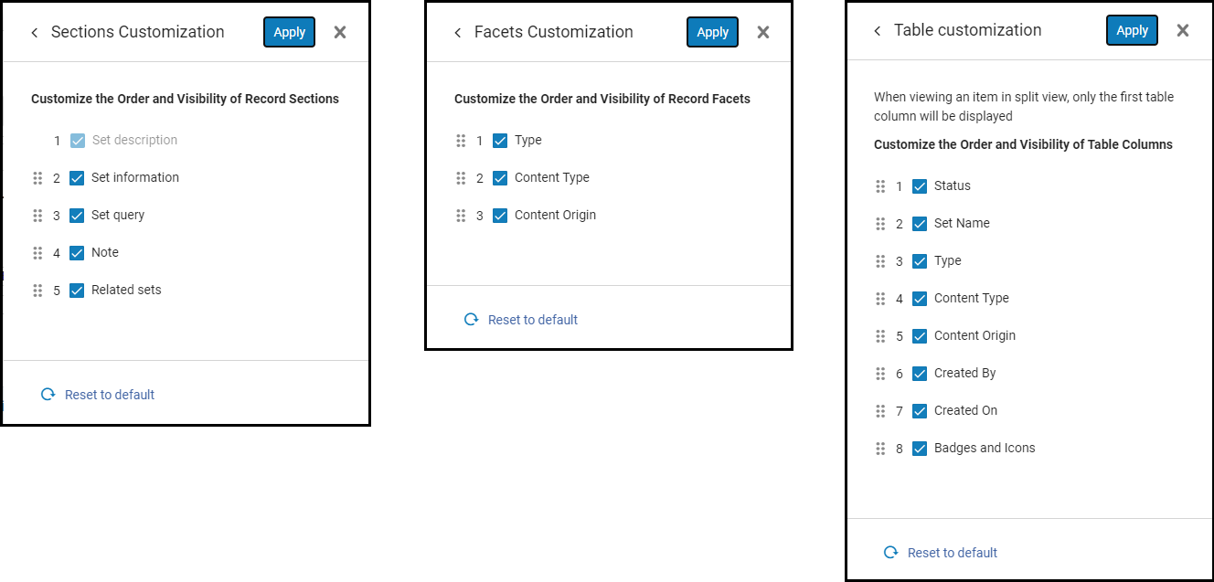 Sections, Table, and Facets customization options