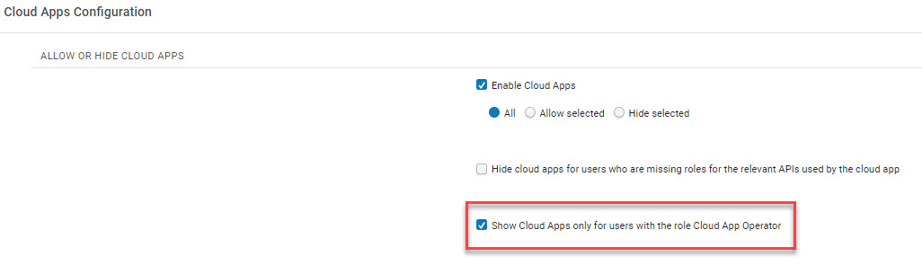 The Cloud Apps Configuration page with the checkbox selected to show apps only with relevant role.