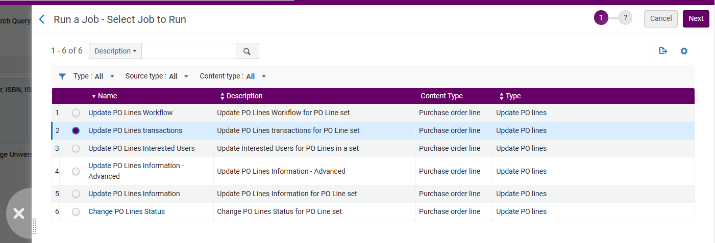 The list of jobs with the Update PO Lines transactions job selected.