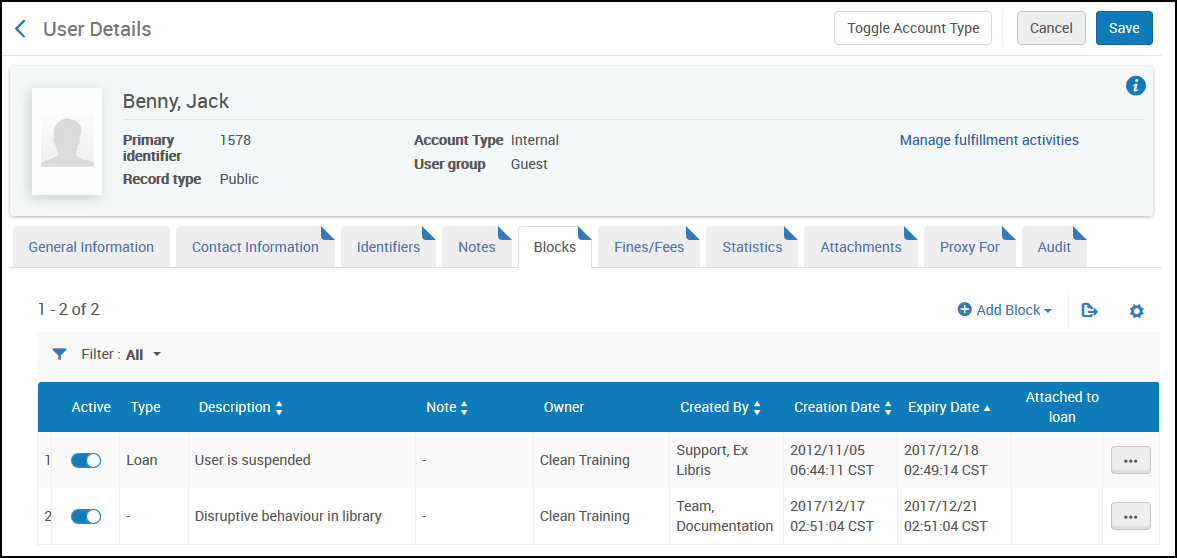 User Details Page — Blocks Tab