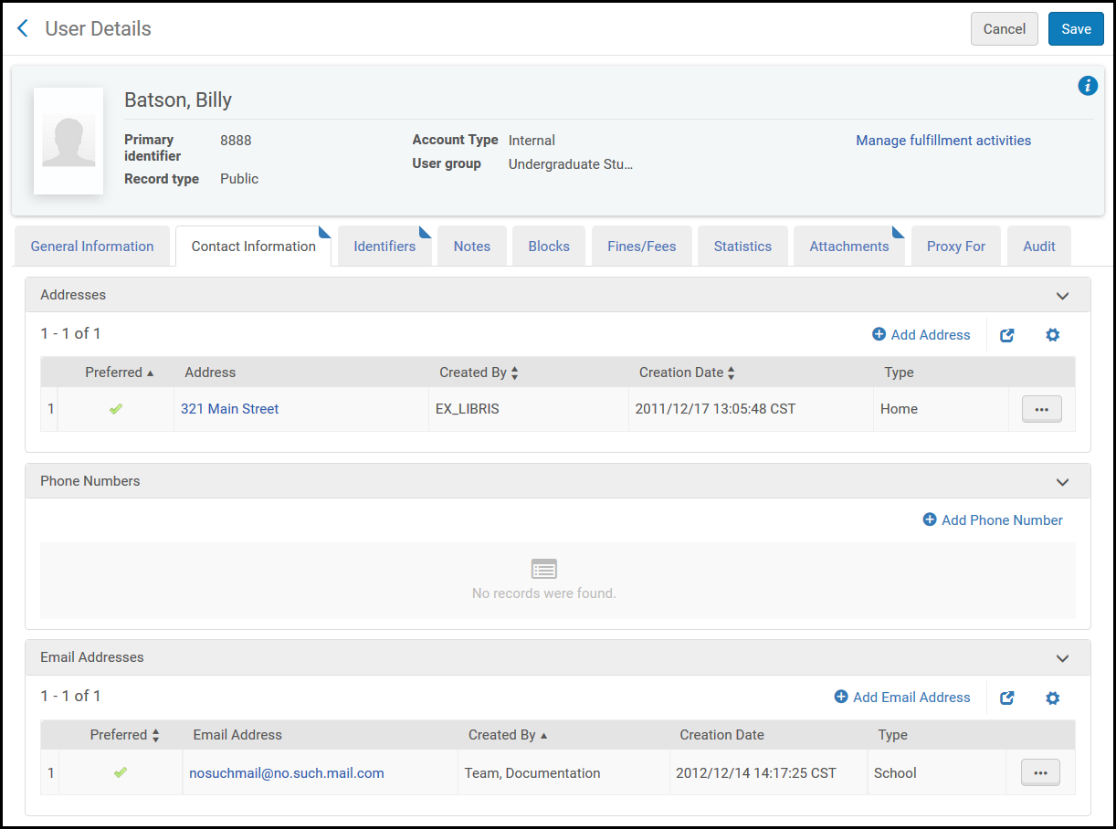User Details Page — Contact Information Tab