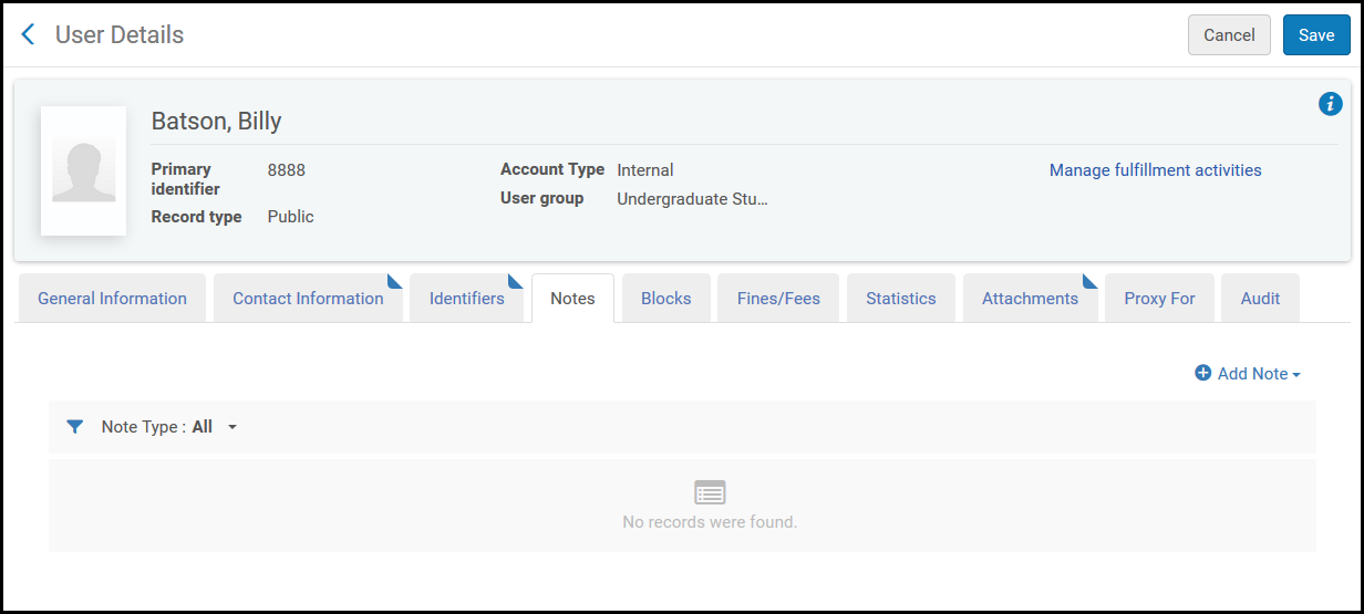 User Details Page — Notes Tab