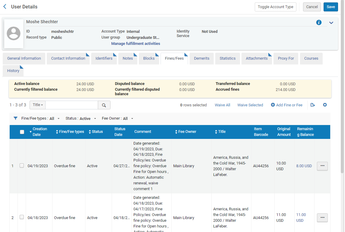 User Details Page - Fines/Fees Tab