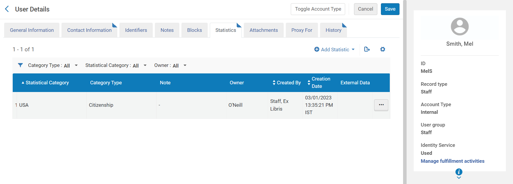 User Details Page - Statistics Tab