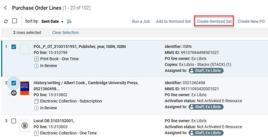 The Create Itemized Set button on the search results page