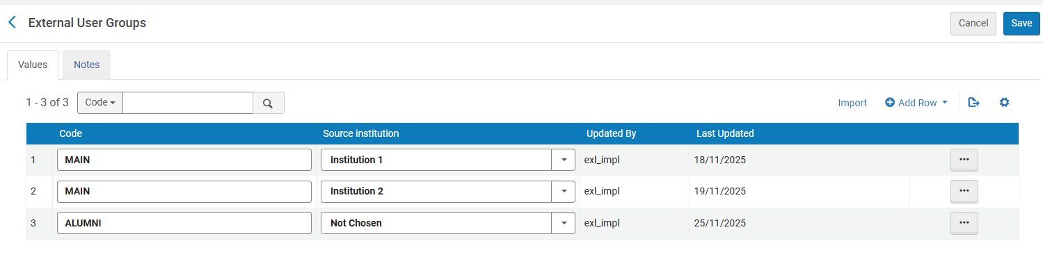 The External User Groups page.