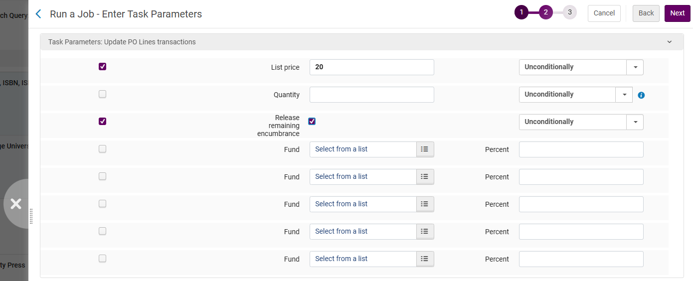 The job parameters page