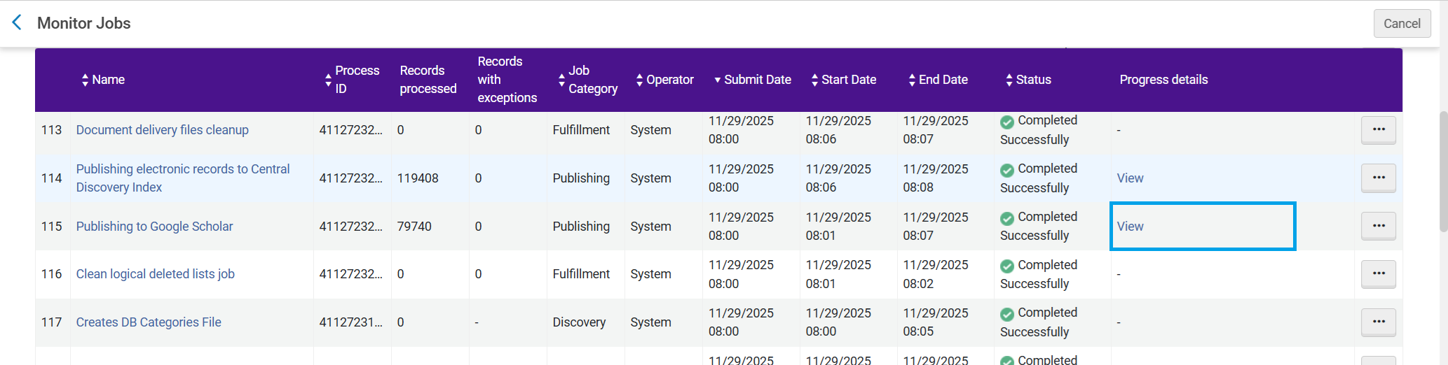 The Monitor Jobs queue highlighting the Progress details