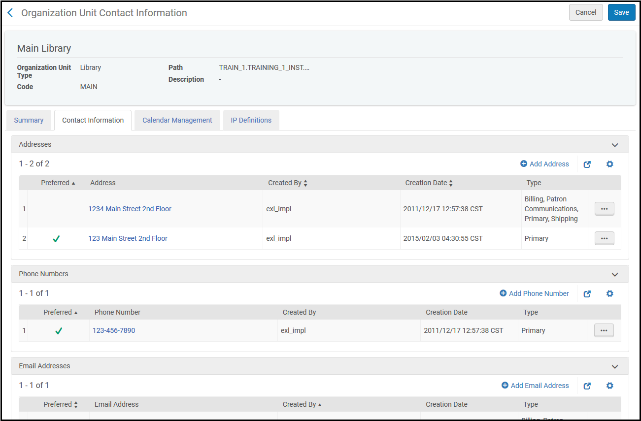 Organization Unit Contact Information (Library) Page