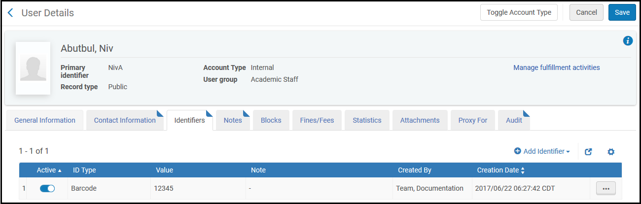 User Details Page — Identifiers Tab