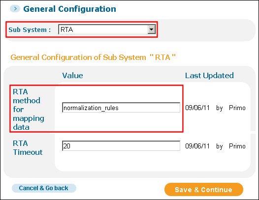 General Configuration Wizard - Setting RTA Mapping Method
